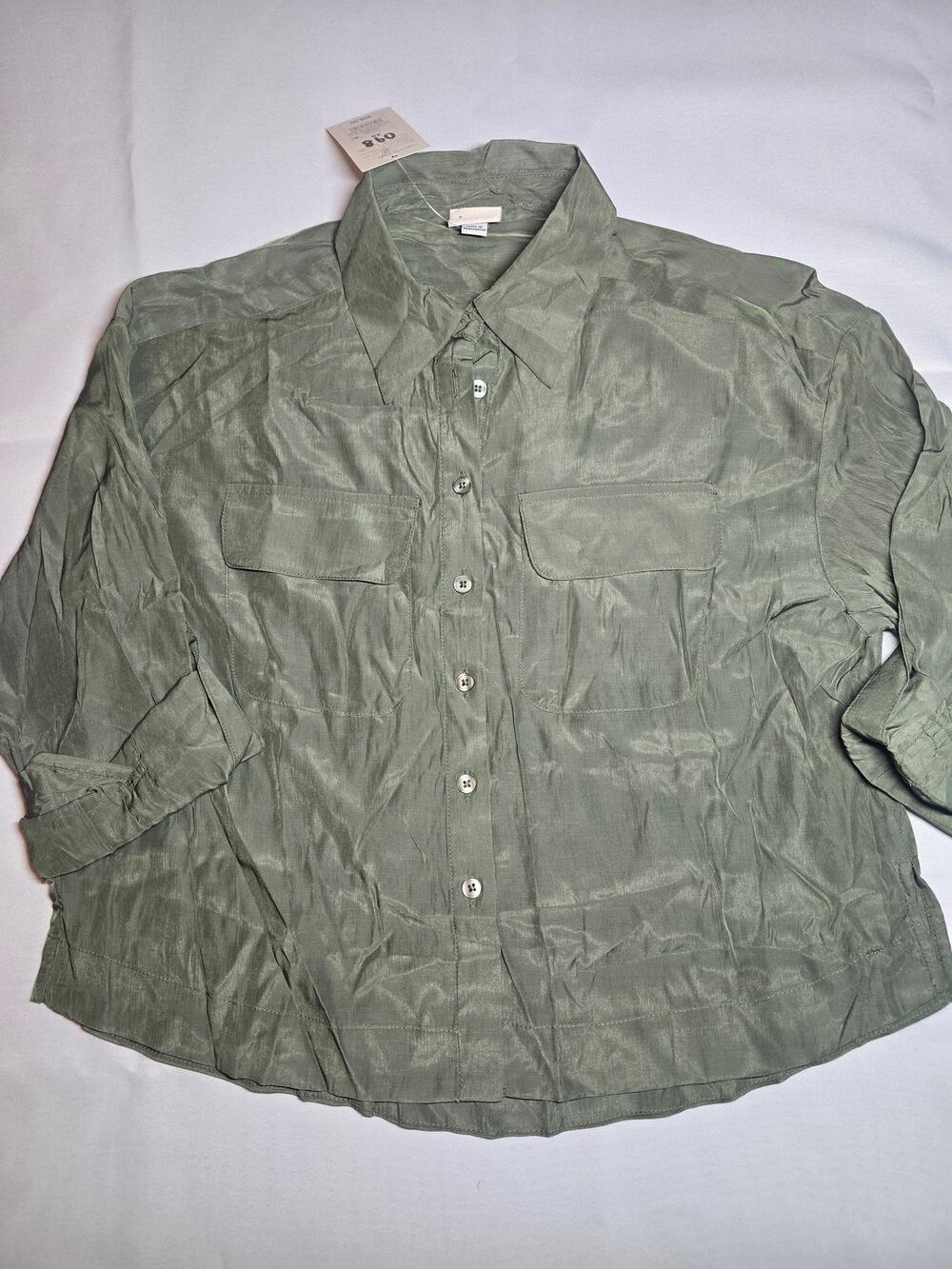 A New Day Satin Button Front Utility Blouse Olive Green